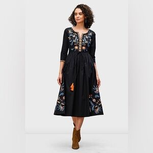 Floral Vine Embroidery Cotton Poplin Dress